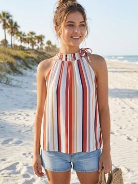 Pink Rose Striped Halter Dress - Red, Navy, Mustard, Sky Blue, White